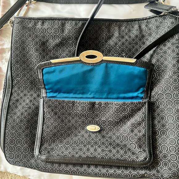Coach large bag black w/ gray. Silver hardware. Turquoise inside. Used 2 times. - Picture 7 of 9